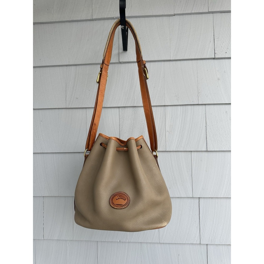 Dooney & Bourke Taupe Drawstring Leather Bucket Bag with Tan Straps